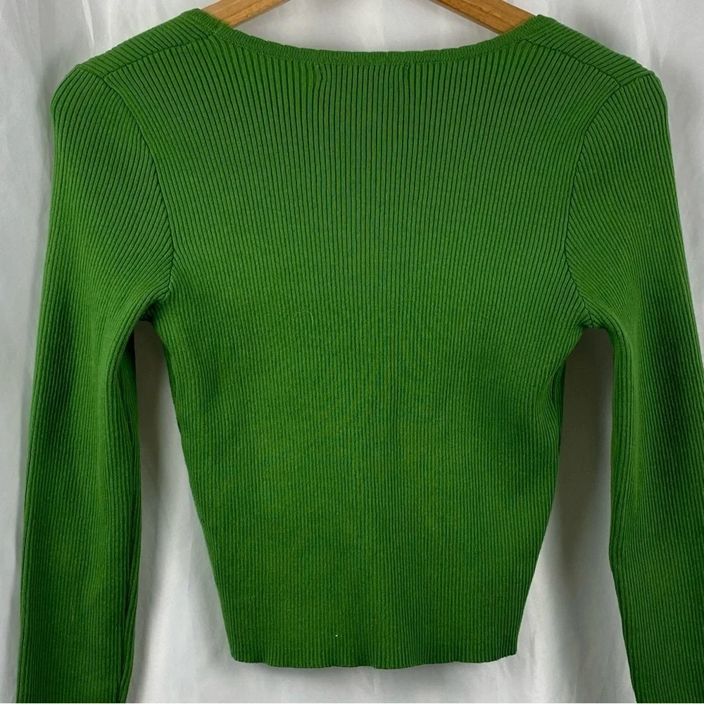 Forever 21 Women’s Green Ribbed Long Sleeve Cropped Sweater Cardigan Top Medium